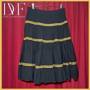 EUC Diane von Furstenburg Gray Wool Tiered Skirt w Gold Trim Sz 4 fits like 6/8